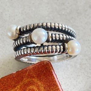 Beautiful Vintage Multi Cable Rope Ring with 3 Pearls 14K & Sterling